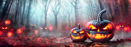 Halloween With Protective Mask - Pumpkins in Forestの写真素材