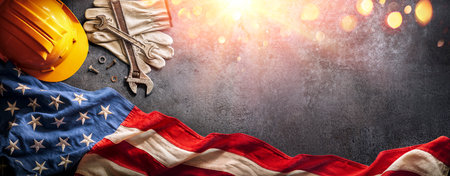 Labor Day - National Holiday - Helmet And Tools With American Flagの写真素材
