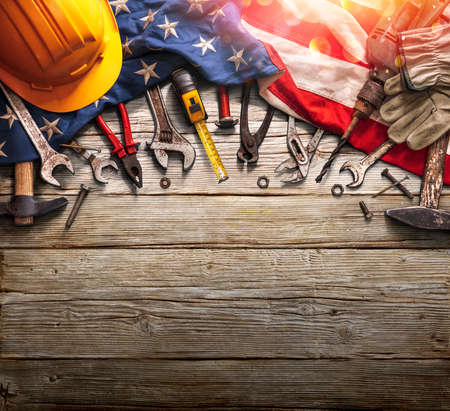 Labor Day - National Holiday - Mechanic Tools And Usa Flag On Wooden Backgroundの写真素材