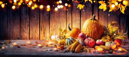 Thanksgiving Celebration - Pumpkins On Rustic Table With Corncobs And Apples With Ears Wheatの写真素材