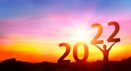 2022 Celebration New Year - Happy Woman At Sunrise - Contain 3d Renderingの写真素材