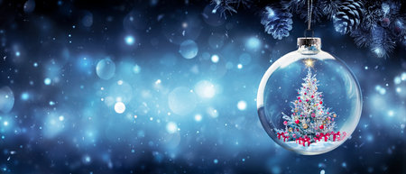 Christmas Tree In Bauble Hanging Fir Branch With Gift Boxes In Blue Abstract Nightの写真素材