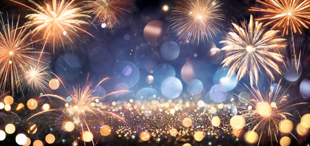 Celebration Anniversary - Golden Fireworks In Blue Night With Glitter - Abstract Defocused Textureの写真素材