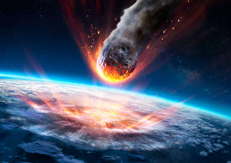 Asteroid Impact On Earth - Meteor In Collision With Planet - Contain 3d Renderingの写真素材