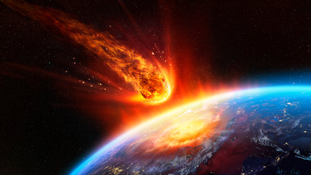 Meteor Impact On Earth - Fired Asteroid In Collision With Planet - Contain 3d Renderingの写真素材