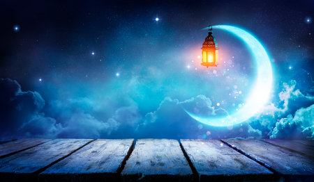 Ramadan Kareem - Moon And Arabic Lantern On Table With Abstract Defocused Lights - Eid Ul Fitrの写真素材
