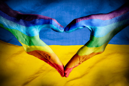Peace In Ukraine - Hands Shaped Heart With Flagの写真素材