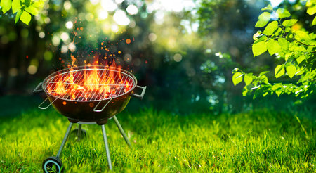 Barbecue Grill In Garden with Fire Flame - Grilling In Outdoorの写真素材