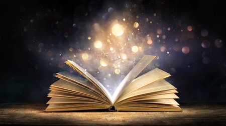 Magic Book With Open Antique Pages And Abstract Bokeh Lights Glowing In Dark Background - Literature And Education Conceptの写真素材