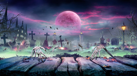 Halloween - Zombie Rising On Wooden Table - Skeletons Party In Graveyard At Spooky Nights With Blood Moonの写真素材