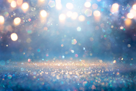 Blue And Golden Glitter In Shiny Defocused Background - Abstract Christmas Lightsの写真素材