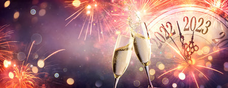 2023 New Year Celebration With Champagne - Countdown To Midnight - Clock Fireworks And Flutes On Abstract Defocused Backgroundの写真素材