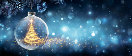 Christmas Tree In Snow Ball Hanging Fir Branch With Golden Glittering On Blue Abstract Nightの写真素材