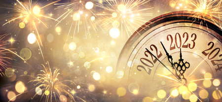 2023 New Year - Clock And Fireworks - Countdown To Midnight - Abstract Defocused Backgroundの写真素材