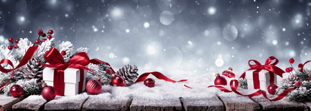 Gift On Snow In Winter White Background - Presents With Fir Branches And Red Ornamentsの写真素材