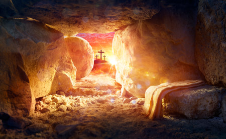 Resurrection Of Jesus Christ - Tomb Empty With Shroud And Crucifixion At Sunrise With Abstract Bokeh Lightsの写真素材