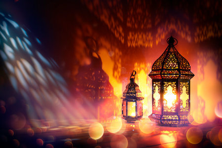 Ramadan Kareem - Arabic Lanterns Glowing In The Dark With Abstract Defocused Lights - Eid Ul Fitr - Muslim Holy Monthの写真素材