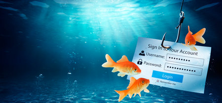 Phishing - Goldfishes Looking Login Account Screen With Fishing Hook - Risk Hacking Username And Passwordの写真素材