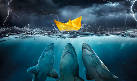Paper Boat At Risk With Sharks In Water And Sea In Stormの写真素材
