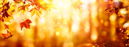 Autumn - Falling Orange Maple Leaves In Abstract Sunset With Glittering Of Lightsの写真素材