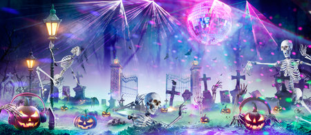 Halloween Disco Party - Pumpkins And Zombies Dancing In Graveyard At Nightの写真素材