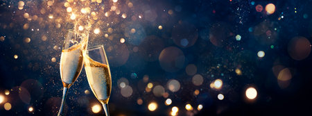 Champagne Toast Celebration - Happy New Year - Flutes With Golden Glitter On Blue Abstract Background With Defocused Bokeh Lightsの写真素材