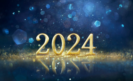 2024 New Year Celebration - Golden Number With Glitter At Blue Eve Night In Abstract Defocused Lightsの写真素材