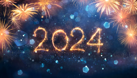 2024 - New Year Celebration With Sparkler And Fireworks At Blue Eve Night In Abstract Defocused...