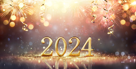 2024 Happy New Year - Golden Number On Glitter And Fireworks In Abstract Defocused Lightsの写真素材