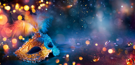 Carnival - Venetian Mask With Bokeh Lights - Masquerade Disguise With Confetti On Abstract Defocused Backgroundの写真素材