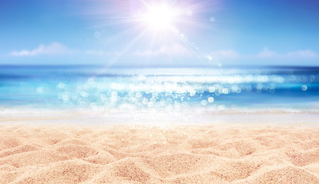 Beach And Sea - Summer Vacation On Sunny Sand With Glittering On Defocused Ocean - Focus In Foregroundの写真素材