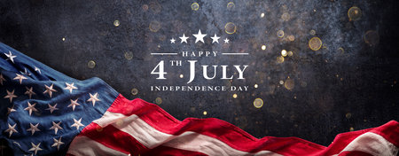 Independence Day Card - USA Flag On Black With Abstract Bokeh - 4th July Textの写真素材