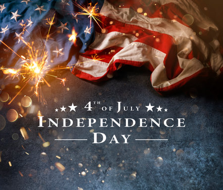 4th July Card - USA Flag With Sparkler On Black Stone And Abstract Bokeh - Independence Day Textの写真素材