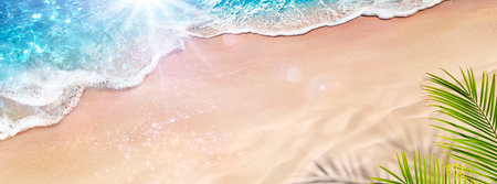Seashore In Tropical Beach With Palm Leaves And Flare Light Effectsの写真素材