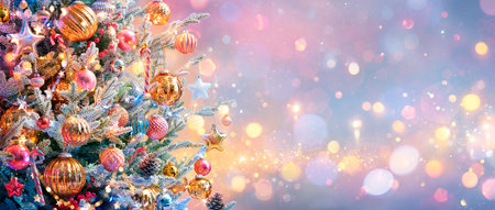 Christmas Tree - Golden Ornament Hanging Fir Branches With Bokeh Lights In Glittering Backgroundの写真素材