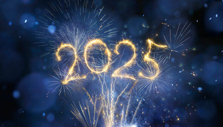 2025 New Year Celebration With Fireworks In Blue Eve Night