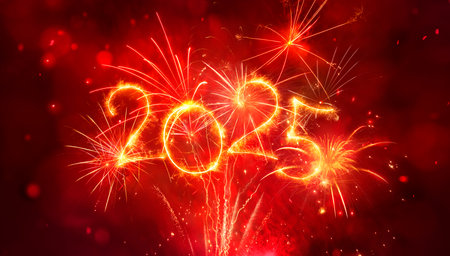 2025 New Year Celebration With Red And Golden Firework In Eve Nightの写真素材