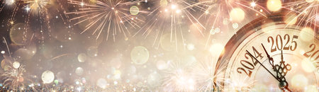 2025 New Year Card - Clock And Fireworks Waiting Midnight - Abstract Defocused Backgroundの写真素材