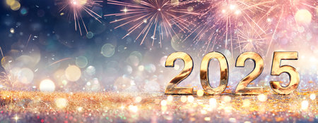 2025 New Year Celebration - Golden Numbers And Fireworks At Eve Night With Abstract Defocused Bokeh...