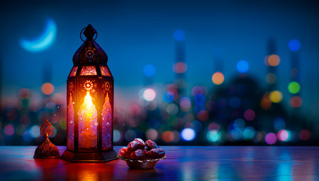 Ramadan Kareem - Arabic Lantern At Night With Crescent Moon - Defocused Mosque On Background With Bokeh Lightsの写真素材