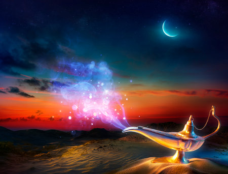 Wish Lamp - Magic Genie Smoke Coming Out Of The Bottle In Desert At Nightの写真素材