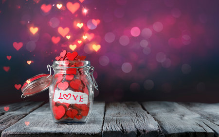 Valentines Day - Jar With Wooden Hearts On Old Table With Glowing Abstract Lights In Defocused Backgroundの写真素材