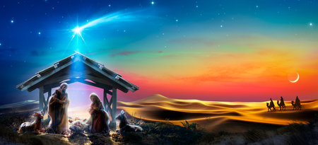 Nativity - Scene With The Holy Family In Desert Night And Starry Sky - Abstract Shiny Star - Jesus Is Bornの写真素材