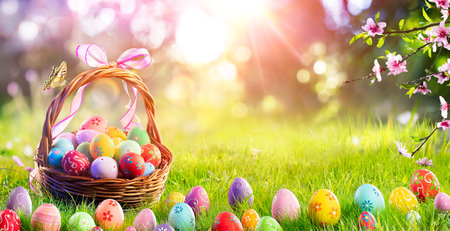 Easter Eggs In Basket In Sunny Meadow With Abstract Defocused Lightsの写真素材