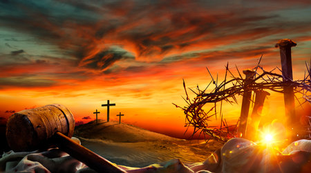 Crucifixion Calvary - Crown Of Thorns And Spikes At Sunset With Crosses On Hill - Sunlight Effectsの写真素材