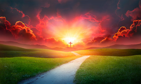 Crucifixion And Calvary For Heart In Heaven - Road To Christianity - Love And Redemption In Jesus - Path Of Faith In Christの写真素材