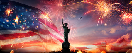 Independence Day Celebration - 4th July - USA Flag With Fireworks And Statue of Liberty In Abstract Skylineの写真素材