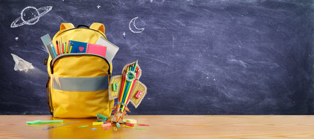 Back To School - Rocket and Schoolbag With Pencils And Stationary On Blackboardの写真素材