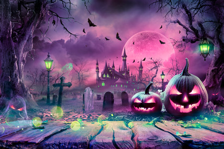 Halloween Pumpkins In Spooky Night With Purple Moon And Cemetery - jack o lantern On table In Landescape - Contain Unrecognizable, Deformed Church With Reassembled Partsの写真素材