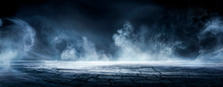 Smoke And Fog In The Darkness - Gas In Vortex On Wet Road With Abstract Facesの写真素材